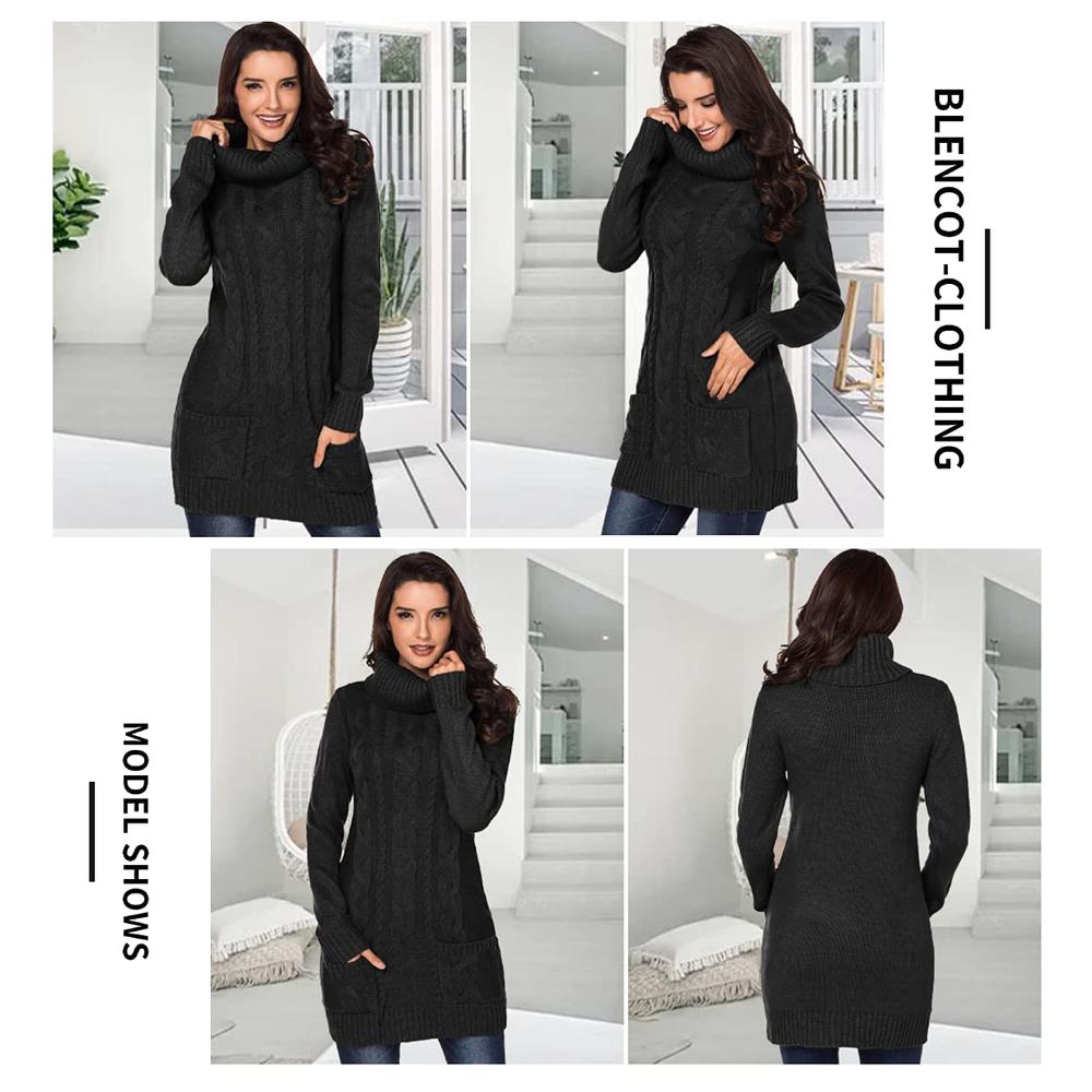 BLENCOT Womens Plus Size Winter Pullover Sweaters Cowl Neck Ribbed Cable Knit Black Long Sweaters Dresses Jumper Fashion XL