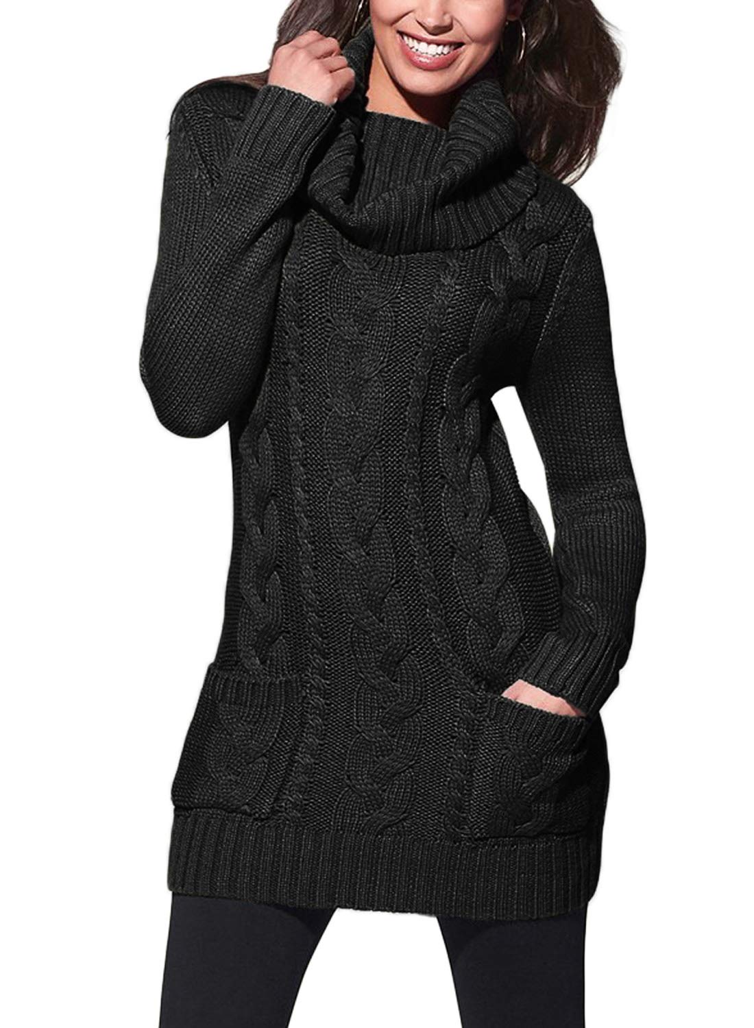 BLENCOT Womens Plus Size Winter Pullover Sweaters Cowl Neck Ribbed Cable Knit Black Long Sweaters Dresses Jumper Fashion XL