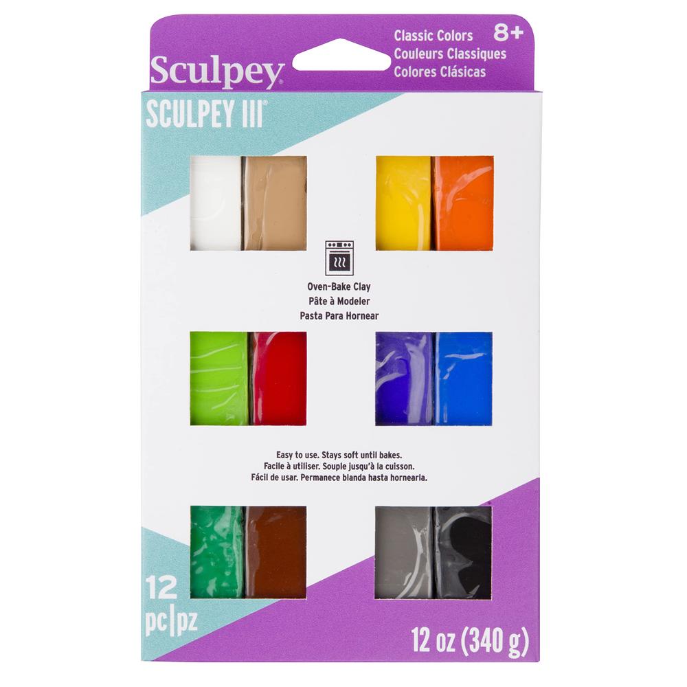Sculpey III 12 Classic Colors of Polymer Oven-Bake Clay, Non Toxic 12 oz.,great for modeling, sculpting, holiday, DIY & school p