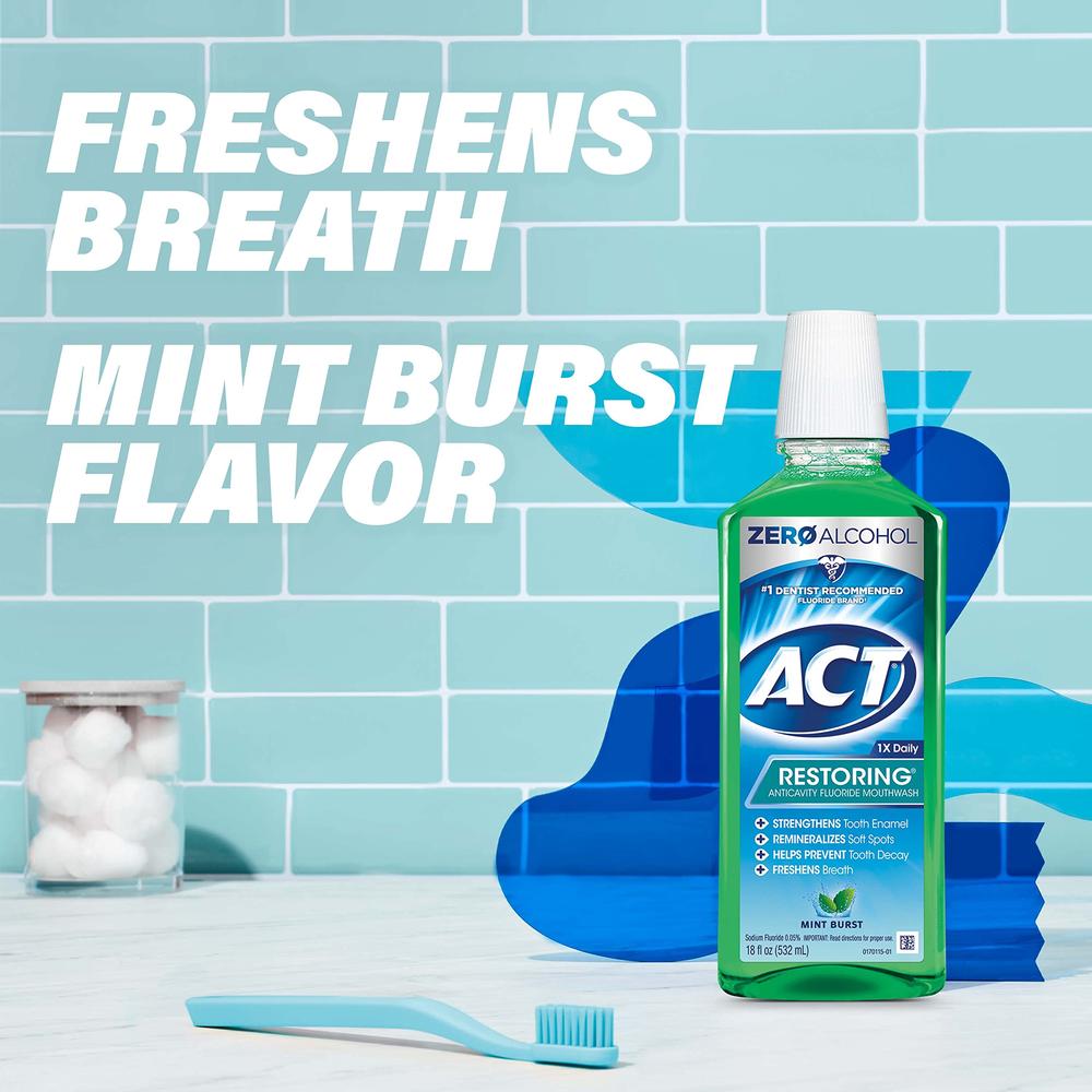 ACT Restoring Zero Alcohol Fluoride Mouthwash 18 fl. oz. Strengthens Tooth Enamel, Mint Burst