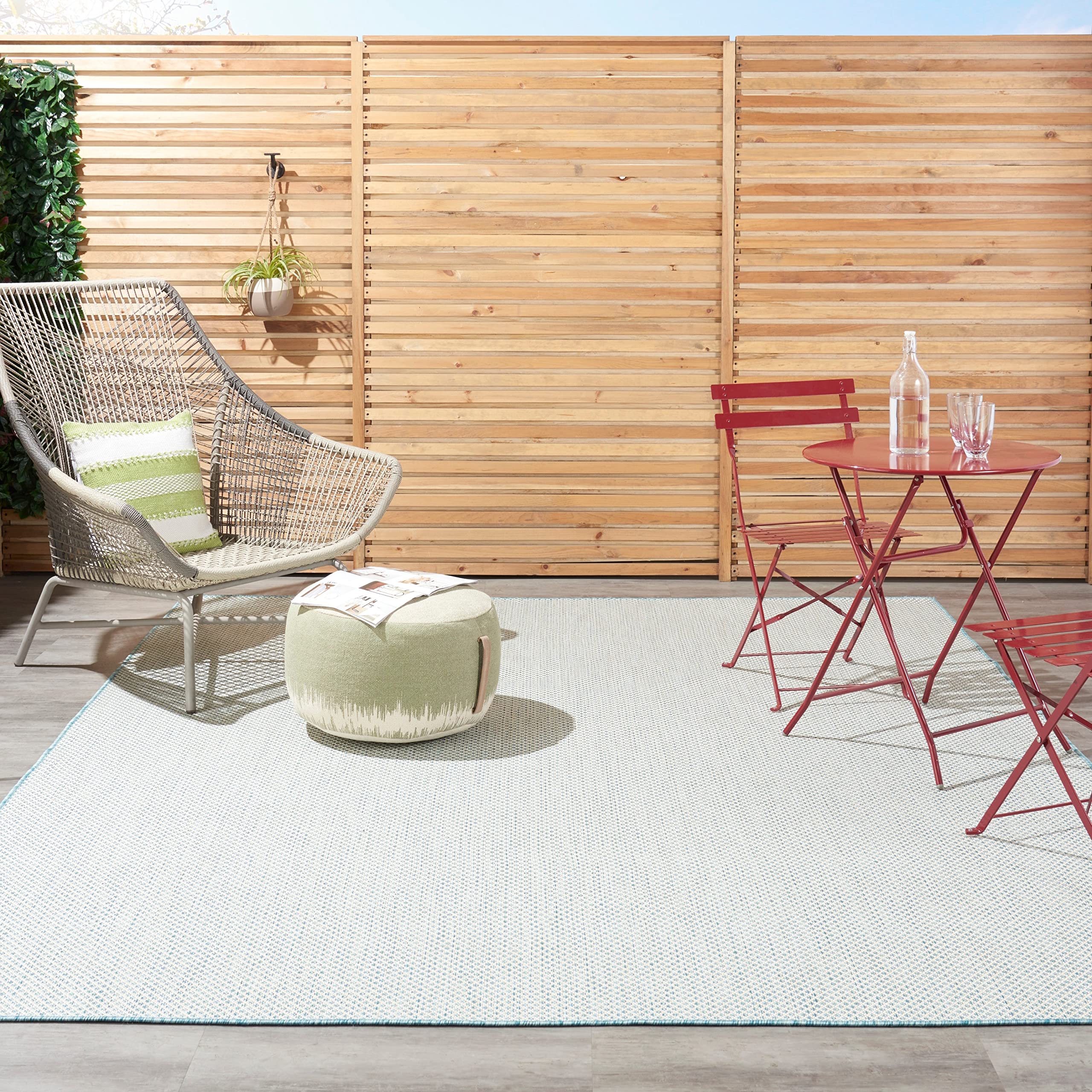 Nourison Courtyard Indoor/Outdoor Area Rug 5' x 7', Ivory Aqua, Rectangular Geometric Easy Cleaning Non Shedding Bed Room Living