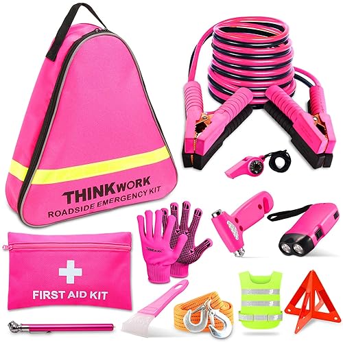 THINKWORK Car Emergency Kit for Teen Girl and Lady's Gifts, Pink Emergency Roadside Assistance kit with 10FT Jumper, First Aid K