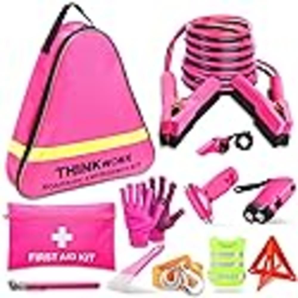 THINKWORK Car Emergency Kit for Teen Girl and Lady's Gifts, Pink Emergency Roadside Assistance kit with 10FT Jumper, First Aid K