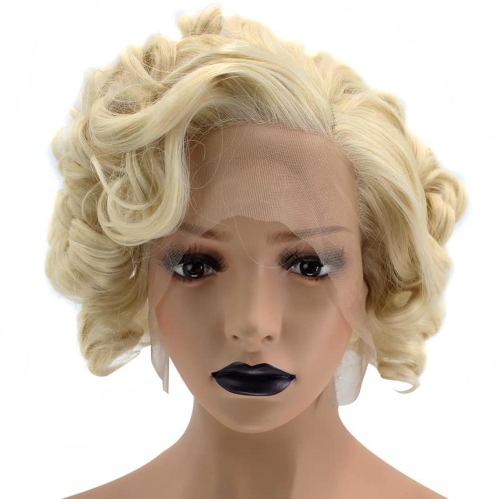 ANOGOL Hair Cap+ 13 * 1 Middle Part Light Blonde Lace Front Wig Synthetic Hair Short Curly 613 Blonde Bob Wigs Glueless Natural