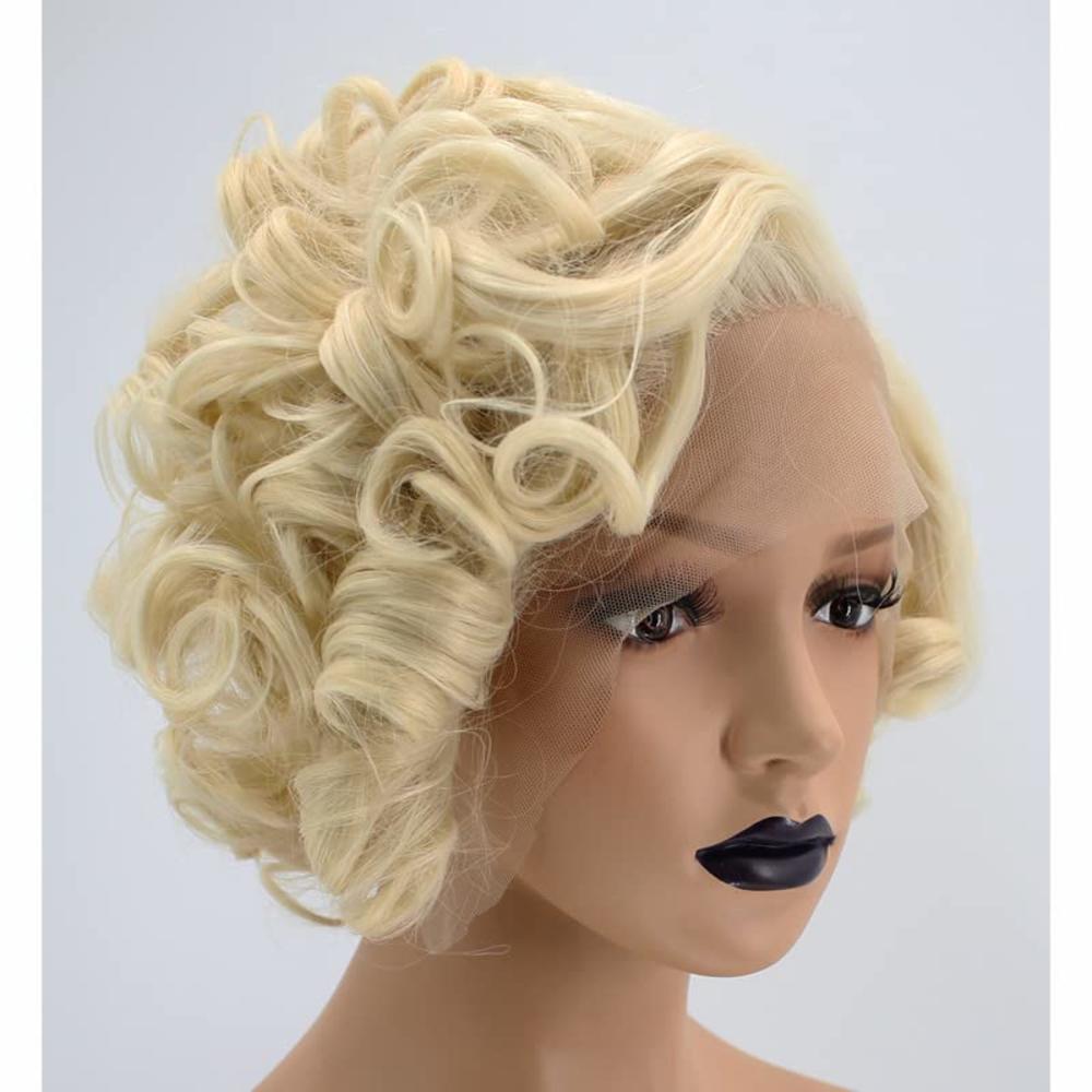 ANOGOL Hair Cap+ 13 * 1 Middle Part Light Blonde Lace Front Wig Synthetic Hair Short Curly 613 Blonde Bob Wigs Glueless Natural