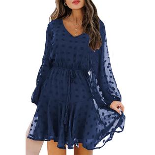 KIRUNDO Women's 2023 Fall Long Sleeve V Neck Flowy Mini Dress Swiss Dot High Waist Chiffon KIRUNDO Women's 2023 Fall Long Sleeve V Neck Flowy Mini Dress Swiss Dot High Waist Chiffon