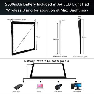 toheto A4 Leuchttisch A4 Wireless Battery Powered Light Pad with Case,  TOHETO Tracing Light Box Dimmable Brightness Rechargeable LED Light Board  Porta