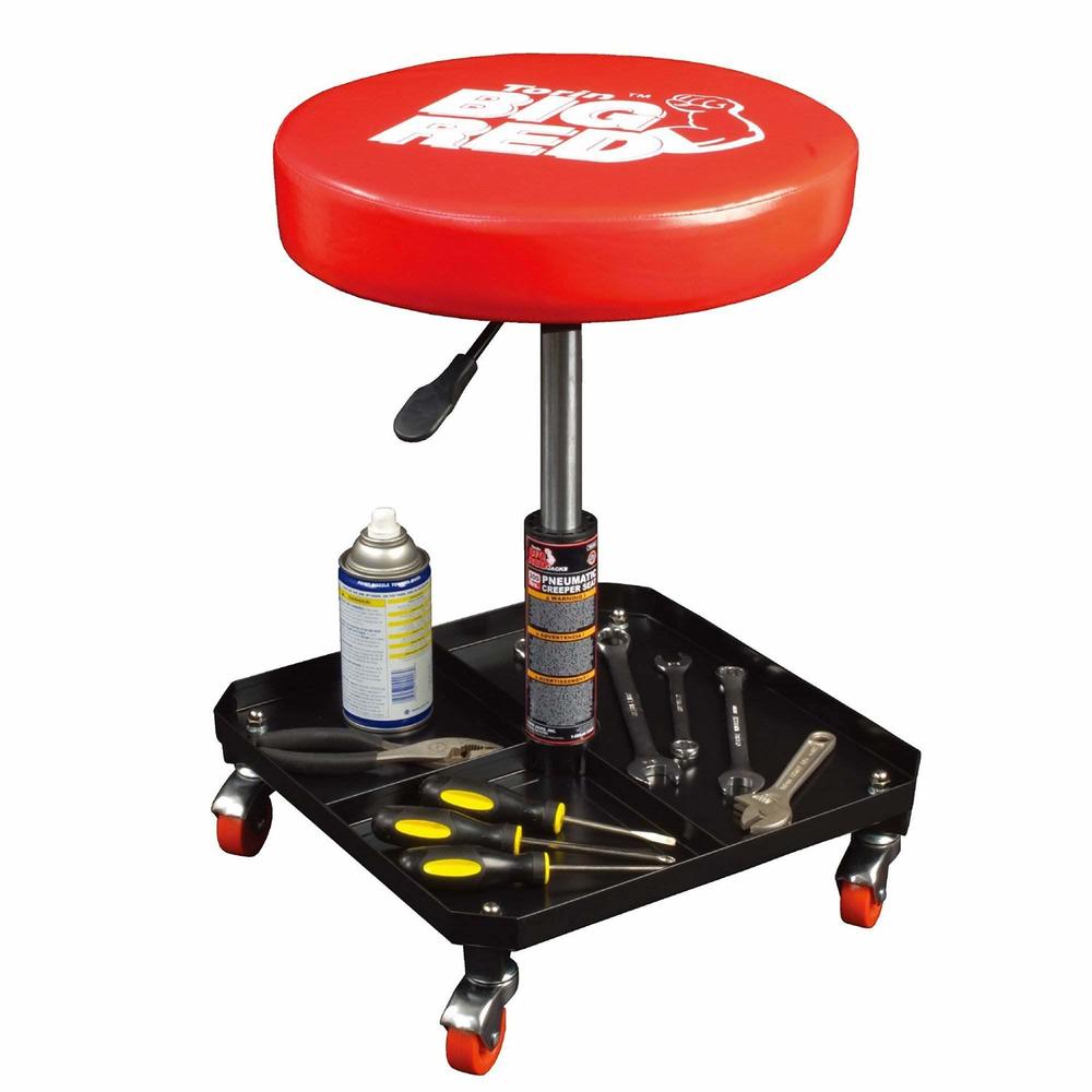 BIG RED TR6350 Torin Rolling Pneumatic Creeper Garage/Shop Seat: Padded Adjustable Mechanic Stool with Tool Tray Storage, Red La
