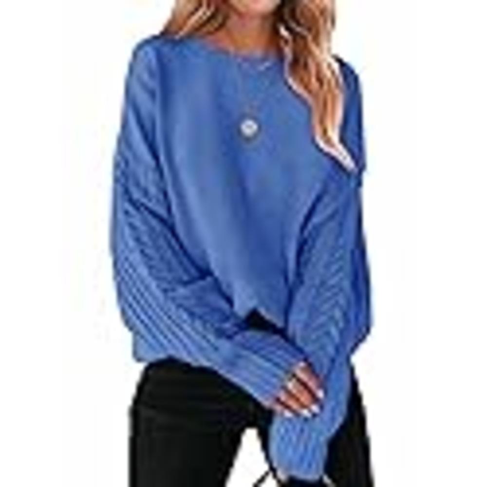 ZESICA Women's 2023 Fall Long Sleeve Crew Neck Solid Color Cable Knit Chunky Casual Oversized Pullover Sweater Tops,RoyalBlue,X-