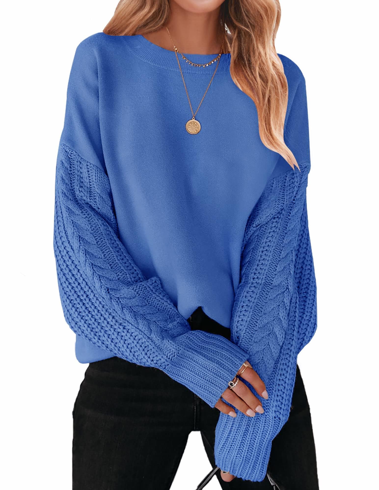 ZESICA Women's 2023 Fall Long Sleeve Crew Neck Solid Color Cable Knit Chunky Casual Oversized Pullover Sweater Tops,RoyalBlue,X-