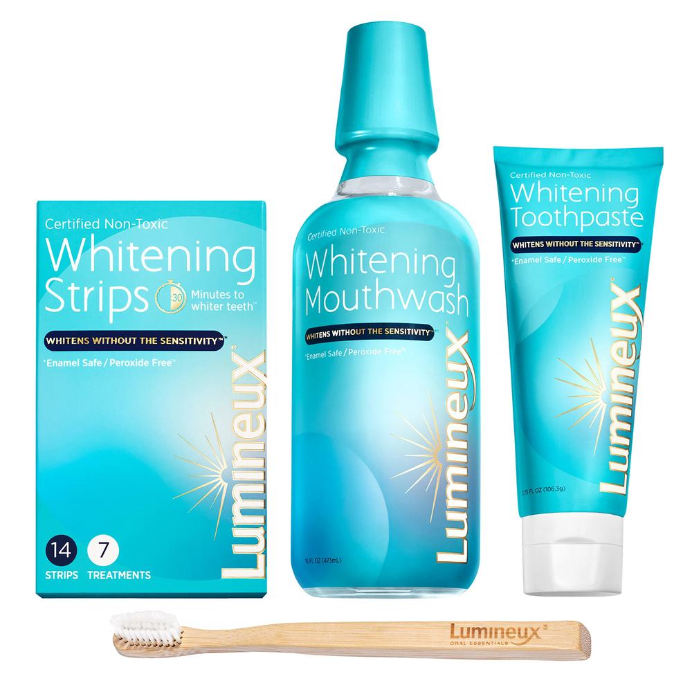 Lumineux Teeth Whitening Kit - Enamel Safe for Whiter Teeth - Includes 7 Whitening Treatments, 1 Mouthwash, 1 Toothpaste & 1 Bam