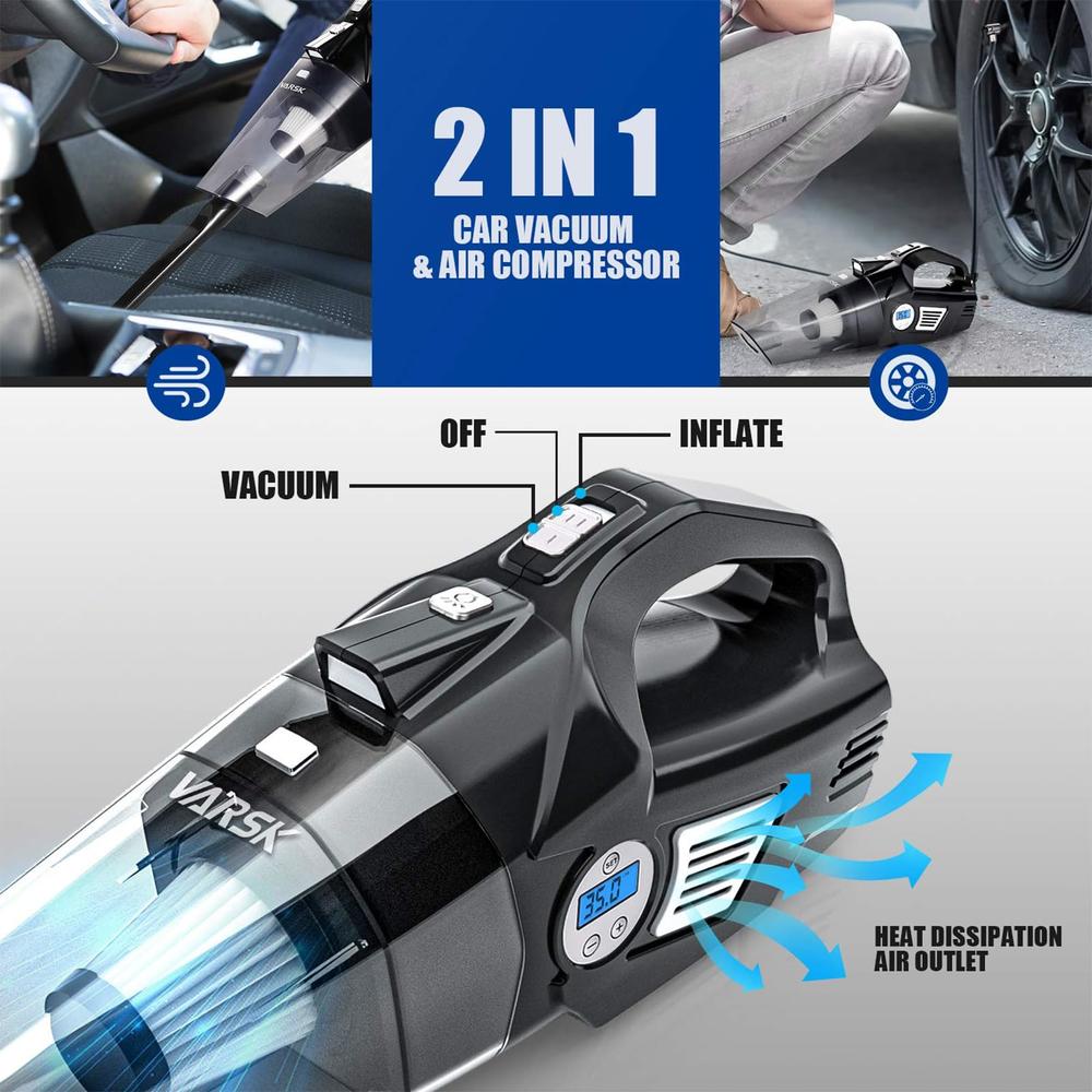 VARSK 4-in-1 Car Vacuum Cleaner High Power, Tire Inflator Portable Car Vacuum with Digital Tire Pressure Gauge LCD Display and L