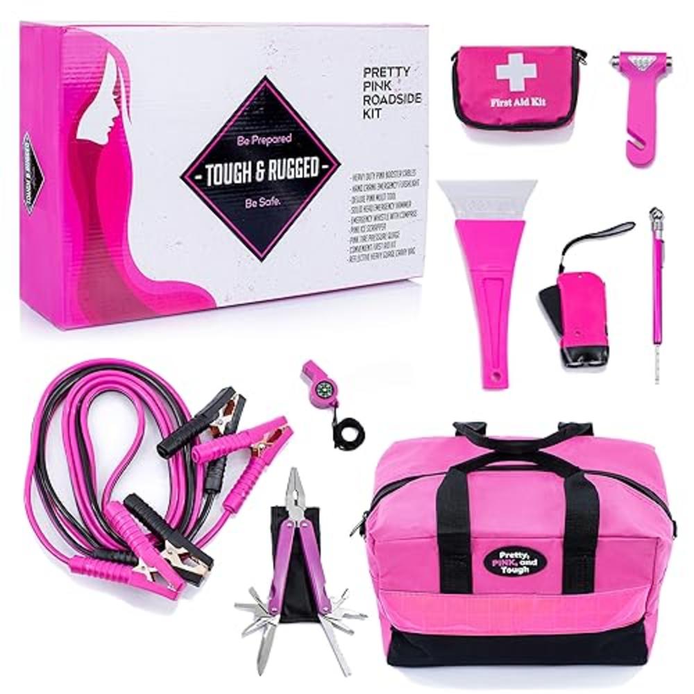 Gears Out Pretty Pink Roadside Kit - Pink Emergency Kit for Teen Girls and Women - Car Accessories for Women - Durable Carry Bag with Pink