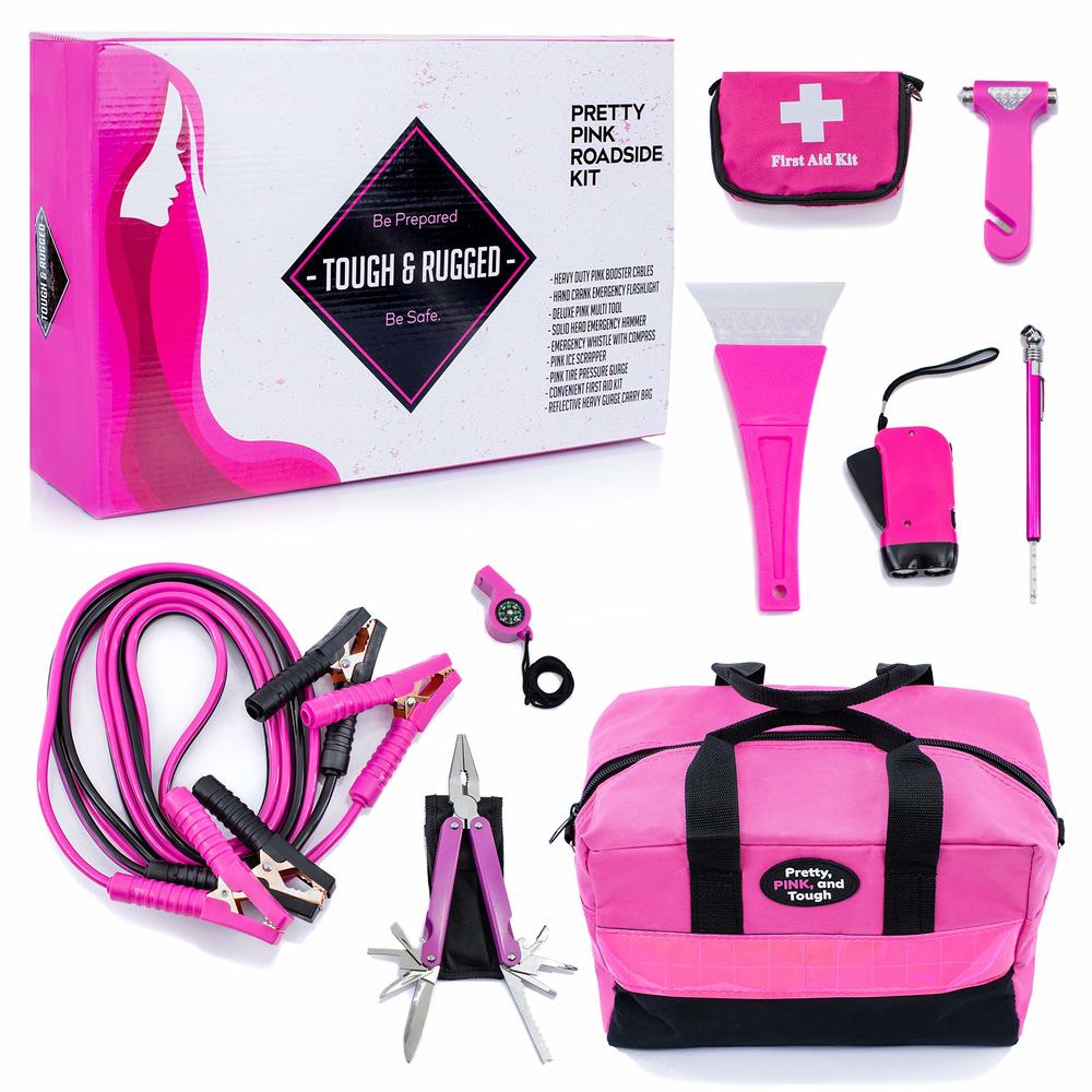 Gears Out Pretty Pink Roadside Kit - Pink Emergency Kit for Teen Girls and Women - Car Accessories for Women - Durable Carry Bag with Pink