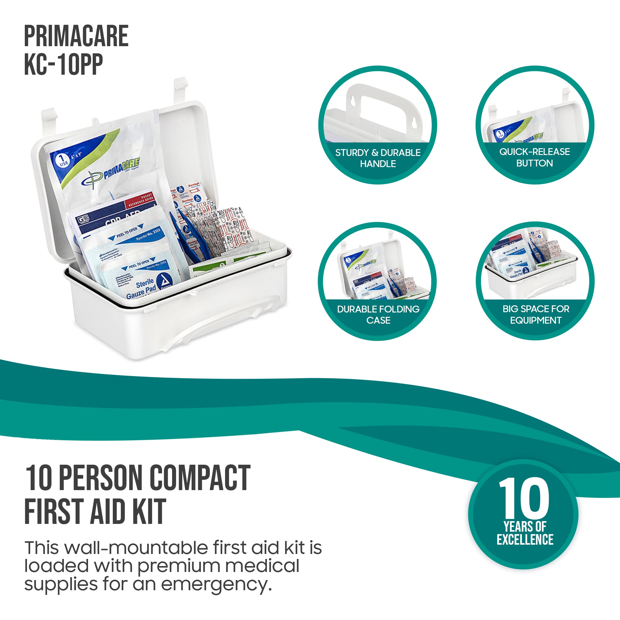 Primacare KC-10PP 10 Person Compact First Aid Kit, 8"x5"x3", with 102 Pieces Emergency Medical Supplies, Portable Kits for Home,