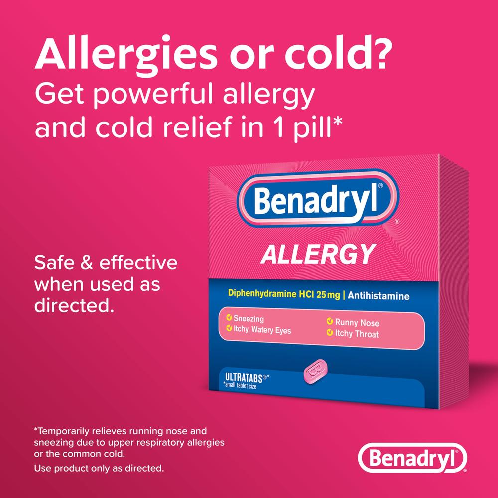 Benadryl Ultratabs Antihistamine Allergy Relief Medicine, Diphenhydramine HCl Tablets for Relief of Cold & Allergy Symptoms Such