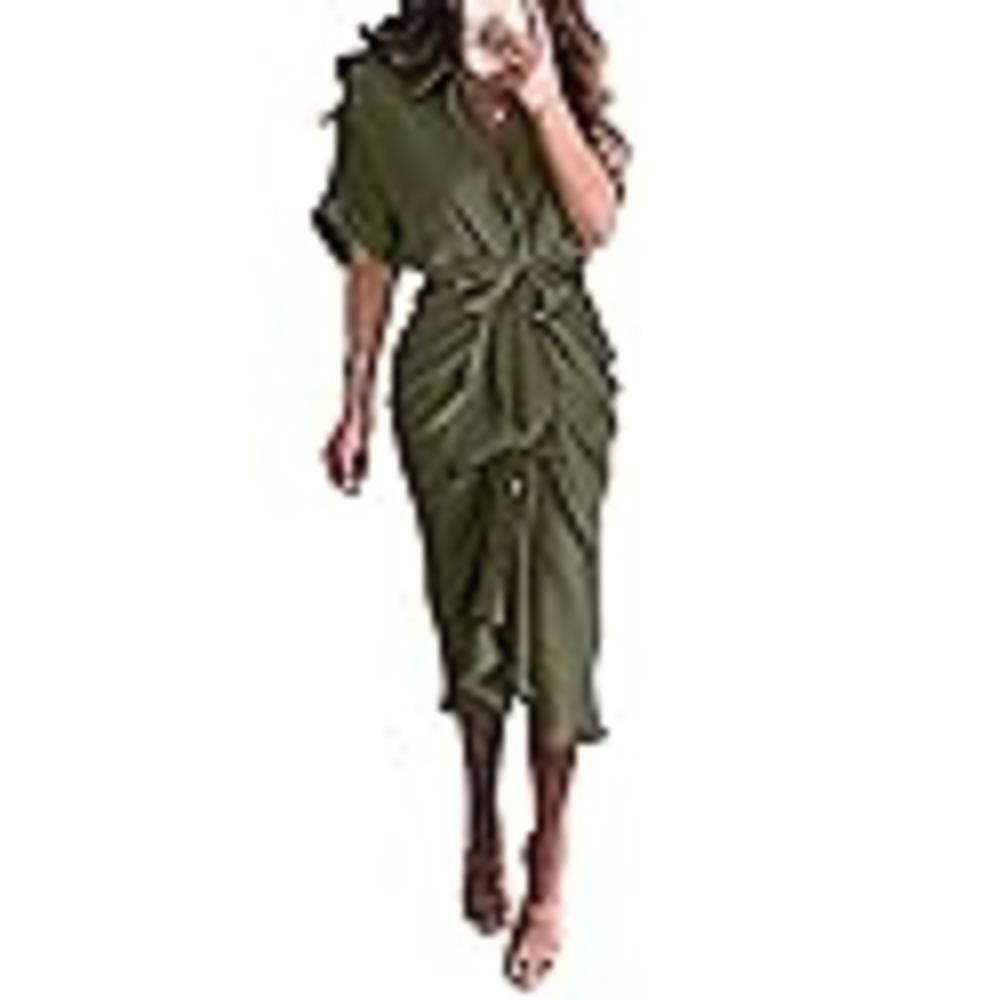 BTFBM Women 2023 Button Down Ruched Shirt Dresses Short Sleeve Lapel V Neck Elegant Party Spring Summer Maxi Satin Dress(Short S