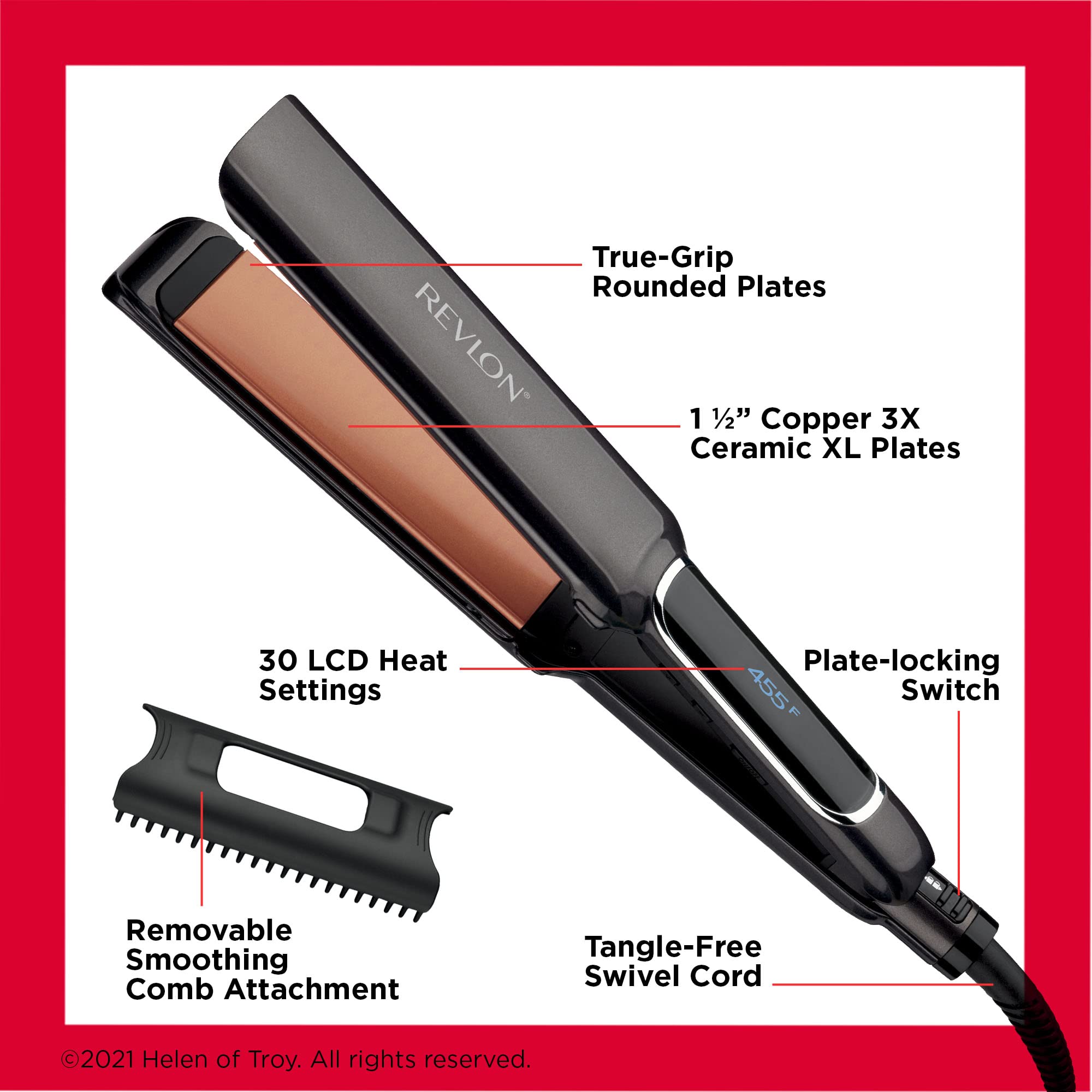 Revlon Copper Smooth Hair Flat Iron | Frizz Control for Fast and Shiny Styles, (XL 1-1/2 in), Black