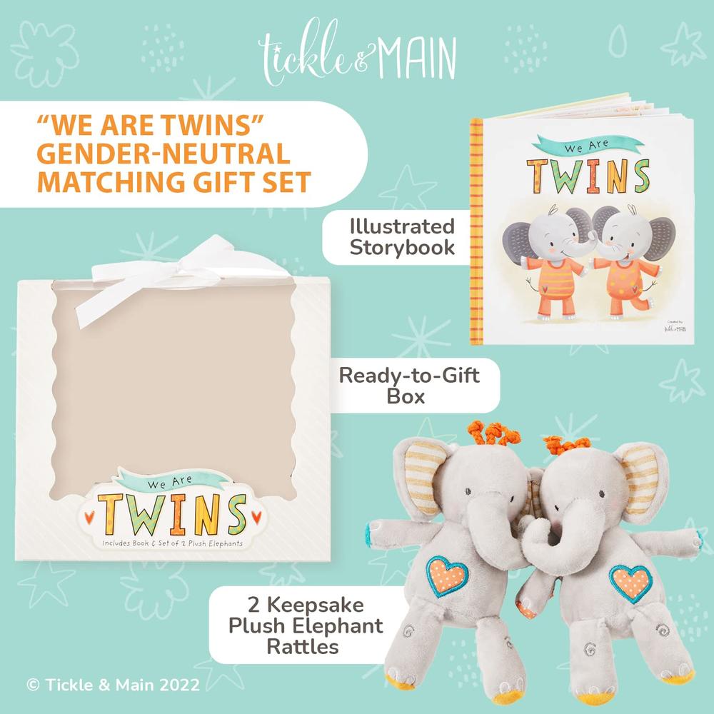 Tickle & Main We are Twins, Baby and Toddler Twin Gift Set, Keepsake Book and Set of 2 Plush Elephant Rattles for Boys and Girls