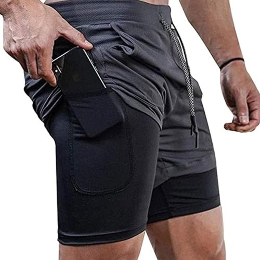Surenow Mens Running Shorts，Workout Running Shorts for Men，2-in-1 Stealth Shorts， 7-Inch Gym Yoga Outdoor Sports Shorts Grey
