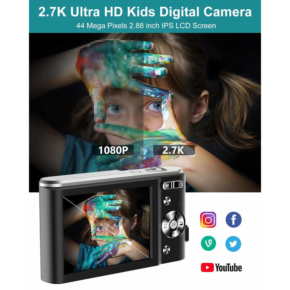 AUTPIRLF Digital Camera 2.7K Ultra HD Mini Camera 44MP 2.8 Inch LCD Screen Rechargeable Students, Compact Pocket Camera with 16X Digital 