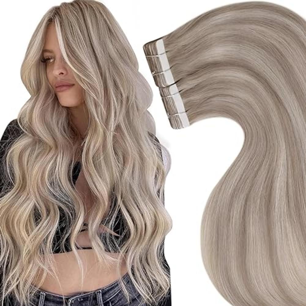 LaaVoo Tape in Extensions Human Hair Highlight Dirty Blonde with Platinum Blonde Tape Hair Extensions Real Human Hair Soft Strai