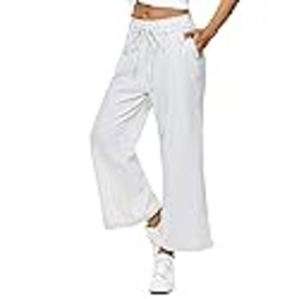 LNX Womens Linen Pants High Waisted Wide Leg Drawstring Casual Loose Trousers with Pockets (Medium, Striped-White)