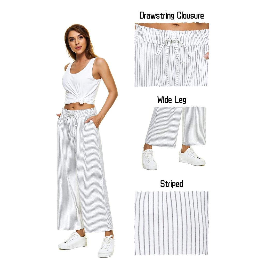 LNX Womens Linen Pants High Waisted Wide Leg Drawstring Casual Loose Trousers with Pockets (Medium, Striped-White)