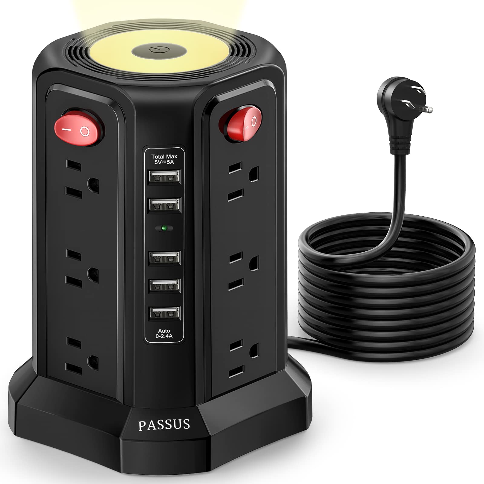 PASSUS Surge Protector Power Strip Tower with 5 USB Ports and Night Light, 10FT Extension Cord with 12 AC Multiple Outlets, PASSUS Powe