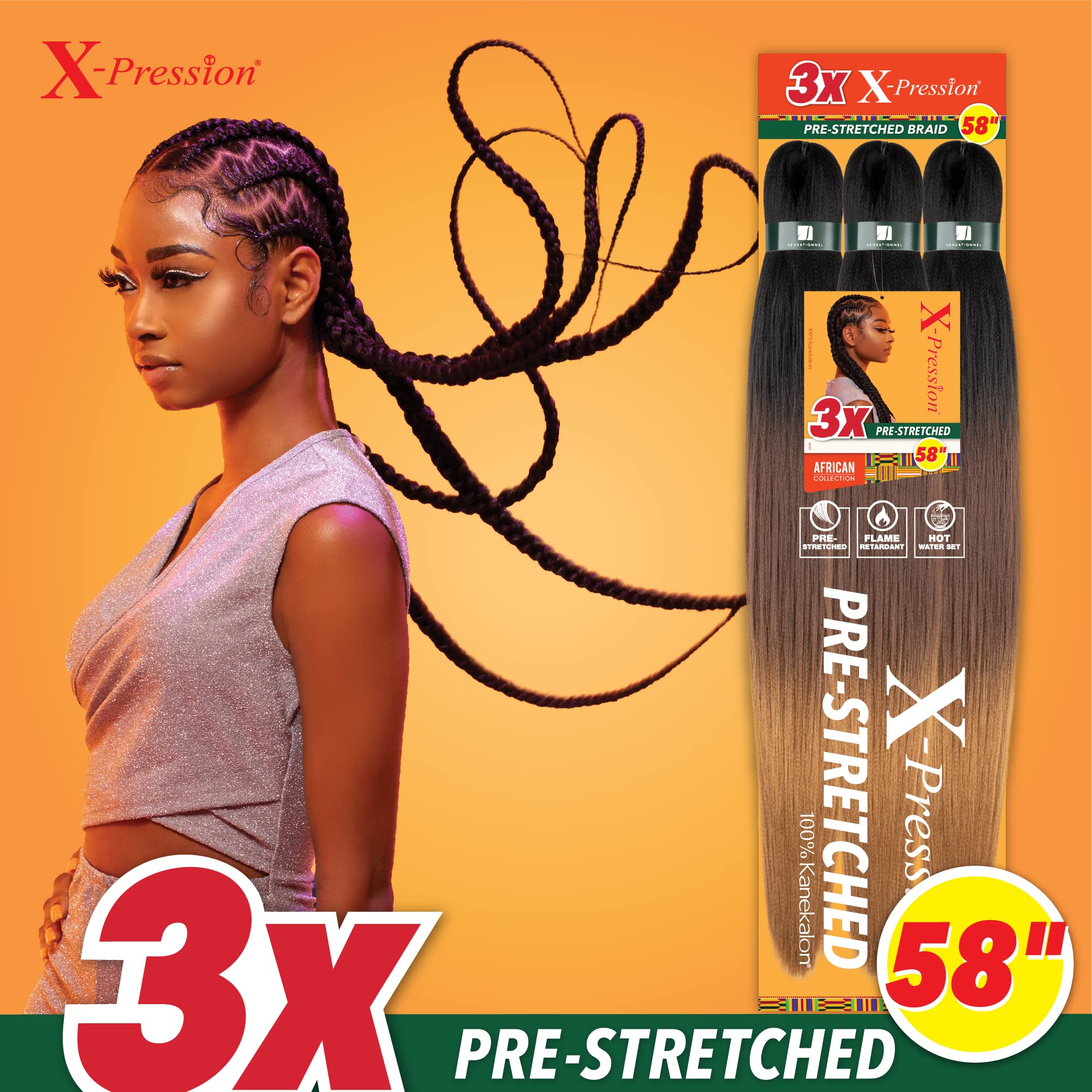 Sensationnel X-pression prestretched braiding hair - 3x xpression 58 inch all kanekalon flame retardant synthetic braid in hair