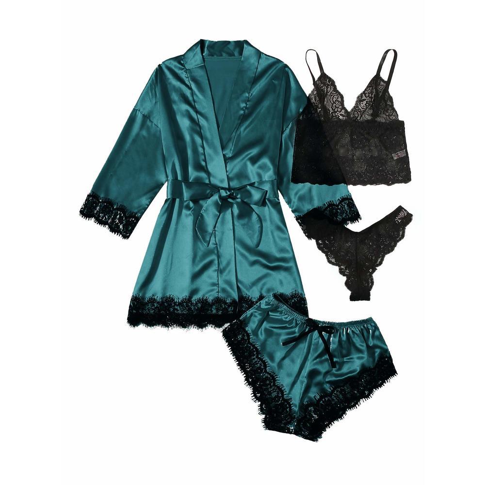 SOLY HUX Women's Satin Pajama Set 4pcs Floral Lace Trim Cami Lingerie Sleepwear with Robe Deep Green M