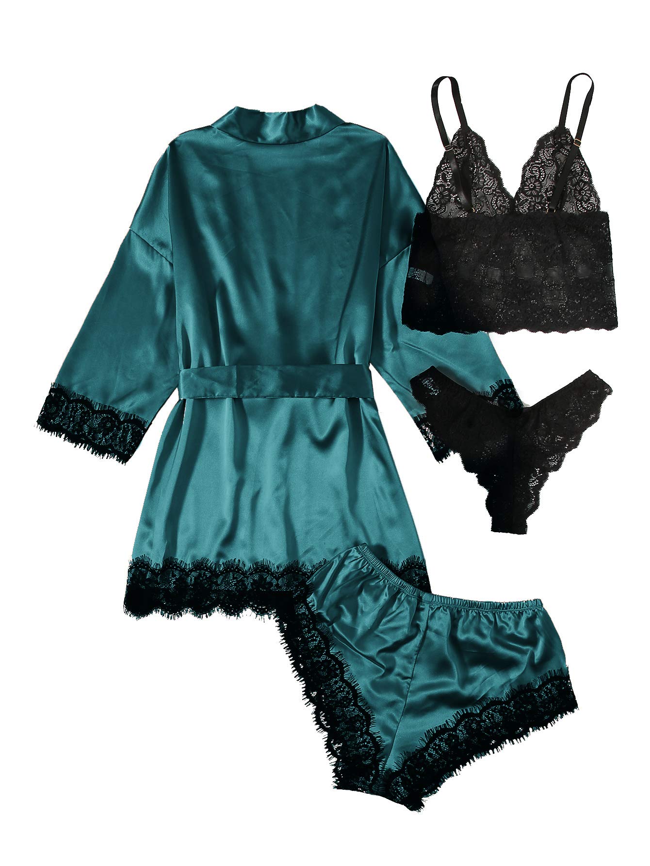 SOLY HUX Women's Satin Pajama Set 4pcs Floral Lace Trim Cami Lingerie Sleepwear with Robe Deep Green M