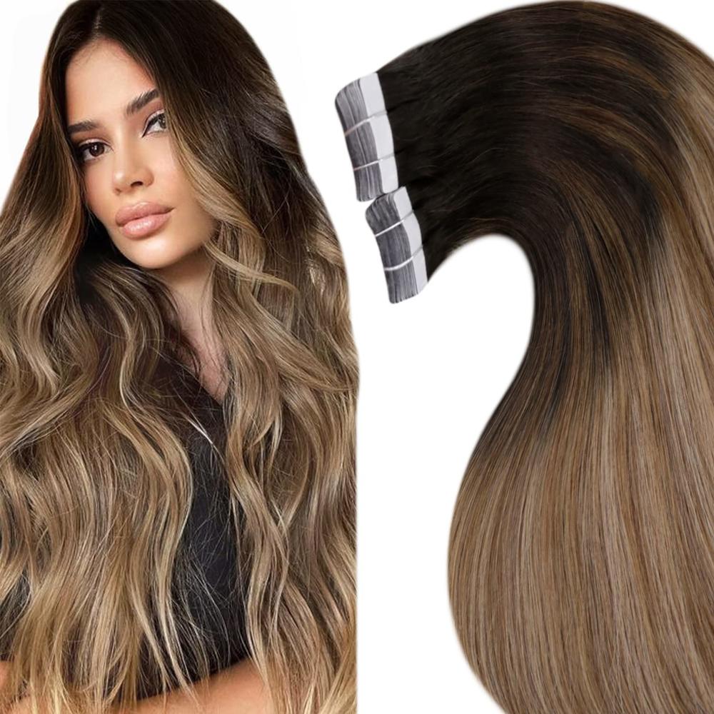 LaaVoo Brown Tape in Hair Extensions Human Hair 20 inch Ombre Balayage Brown Hair Extensions Tape in Seamless Dark Brown to Ches