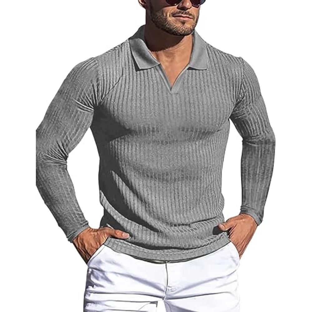 Gnvviwl Men's Muscle V Neck Polo Shirts Slim Fit Long Sleeve Cotton Golf T-Shirts Ribbed Knit Soft Tees