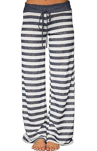 AMiERY Women's Summer Striped Pjs Pregnancy Pant Comfy Stretch High Waist Wide Leg Lounge Palazzo Pajamas Pants (XXL, Grey Strip