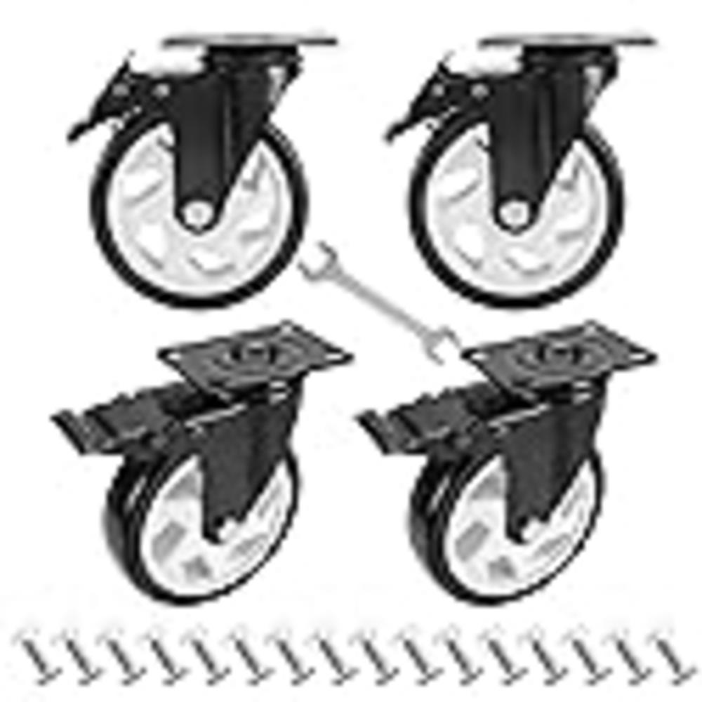 Imeing 5" Caster Wheels Set of 4, Heavy Duty Dual No Noise Locking Swivel Plate Castors with Brake for Furniture and Workbench (Free Sc