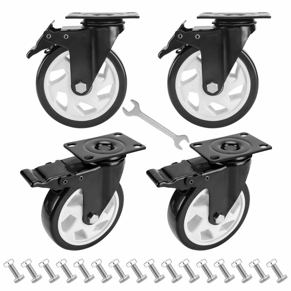Imeing 5" Caster Wheels Set of 4, Heavy Duty Dual No Noise Locking Swivel Plate Castors with Brake for Furniture and Workbench (Free Sc
