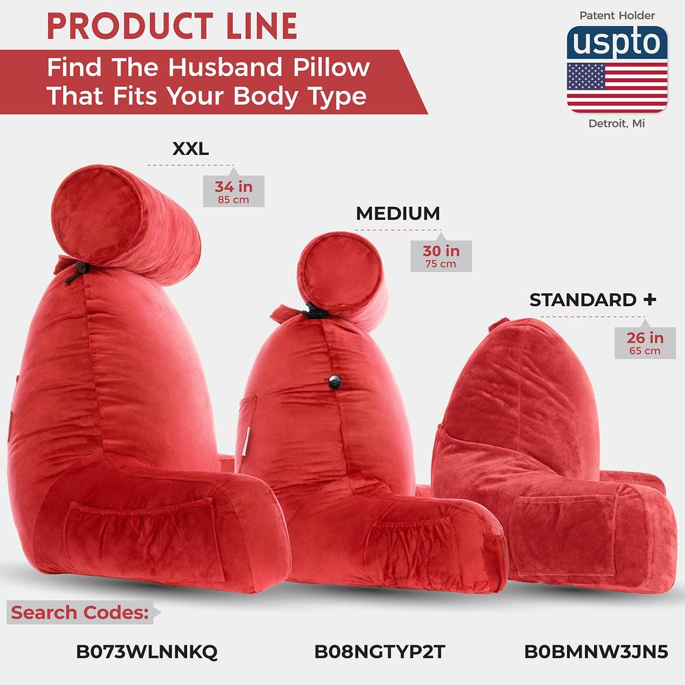 Husband Pillow XXL Red Backrest with Arms - Adult Reading Pillow with Shredded Memory Foam, Ultra-Comfy Removable Microplush Cov