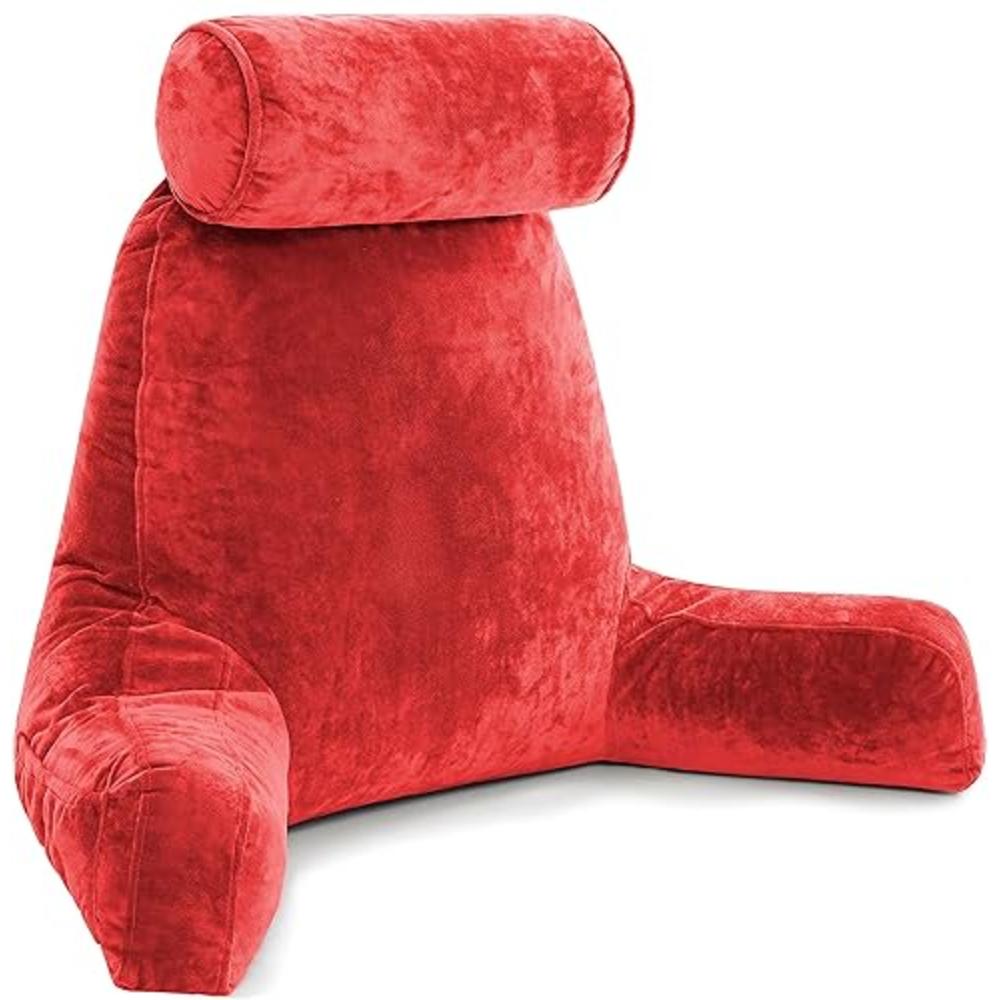 Husband Pillow XXL Red Backrest with Arms - Adult Reading Pillow with Shredded Memory Foam, Ultra-Comfy Removable Microplush Cov