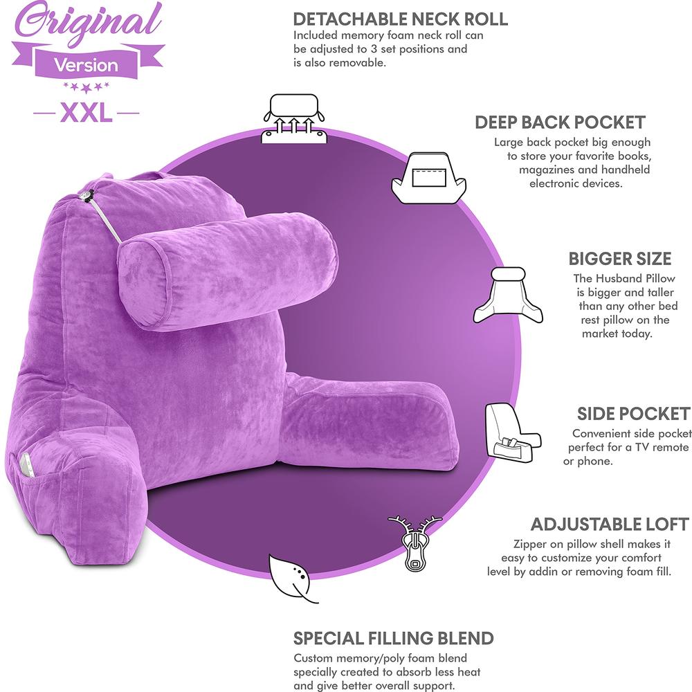 Husband Pillow XXL Husband Pillow Light Purple Backrest with Arms - Adult Reading Pillow Shredded Memory Foam, Ultra-Comfy Removable Microplush