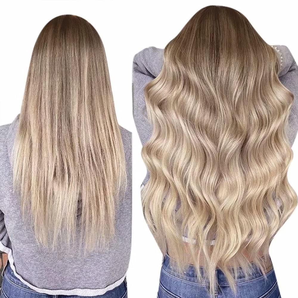 LaaVoo Clip in Hair Extensions Human Hair Ombre Balayage Real Hair Extensions Clip ins Human Hair Light Brown to Ash Blonde Mix