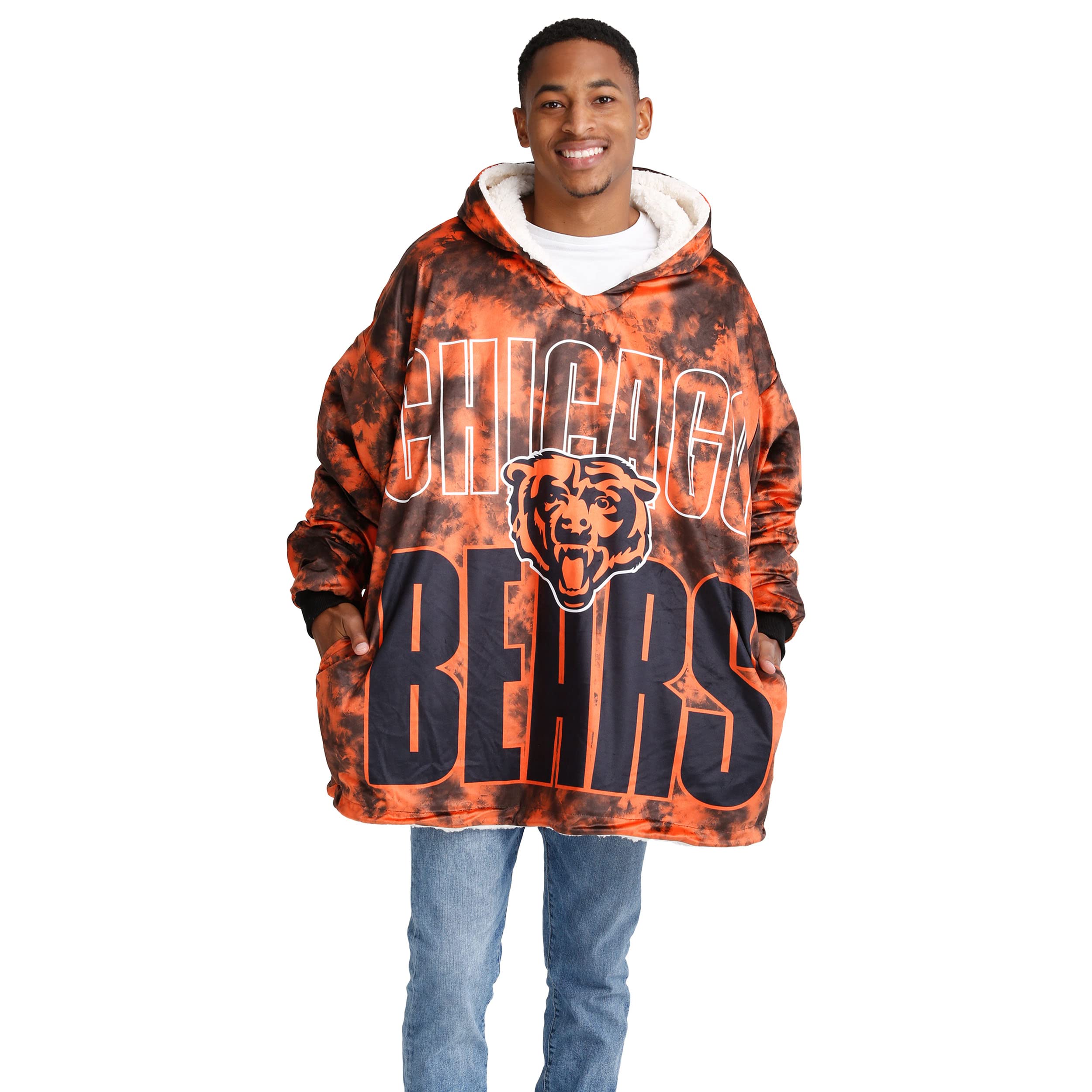 FOCO NFL Team Reversible Oversized Sherpa Hoodie Sweatshirt Hoodeez, Bold Logo Camo, One Size
