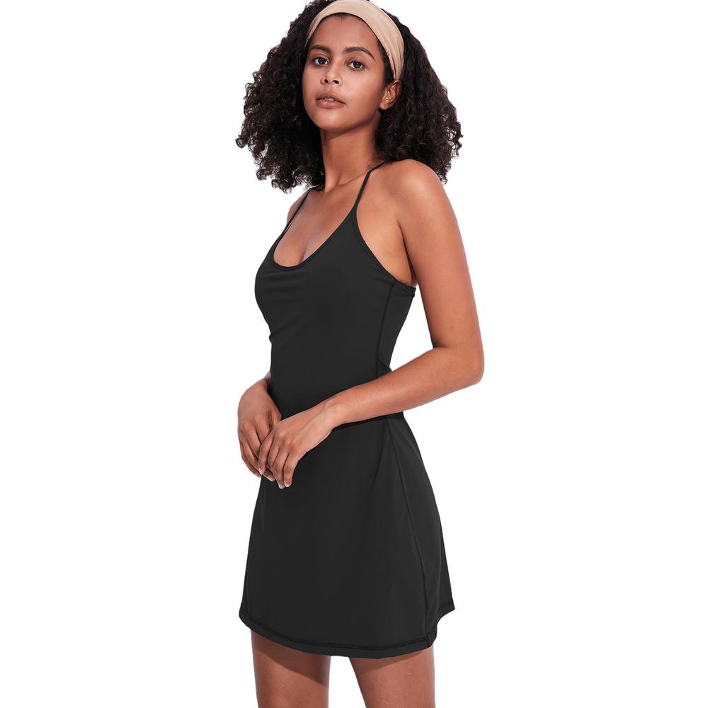 URBEST Women's Exercise Workout Dress with Built-in Bra & Shorts Sleeveless Tennis Golf Athletic Dress with Pockets Black L