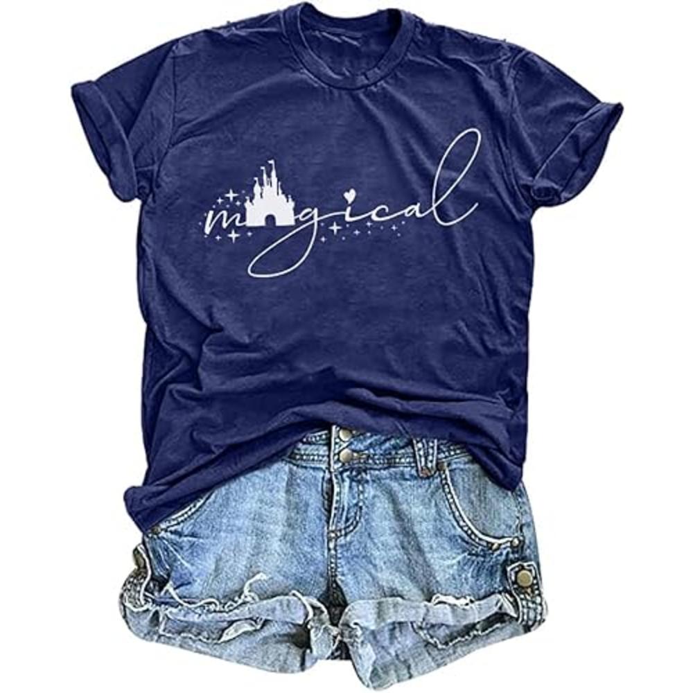 UNIQUEONE Magical Shirt for Women Magic Kingdom Tshirt Family Vacation Tee Castle Graphic Short Sleeve Tops Blue
