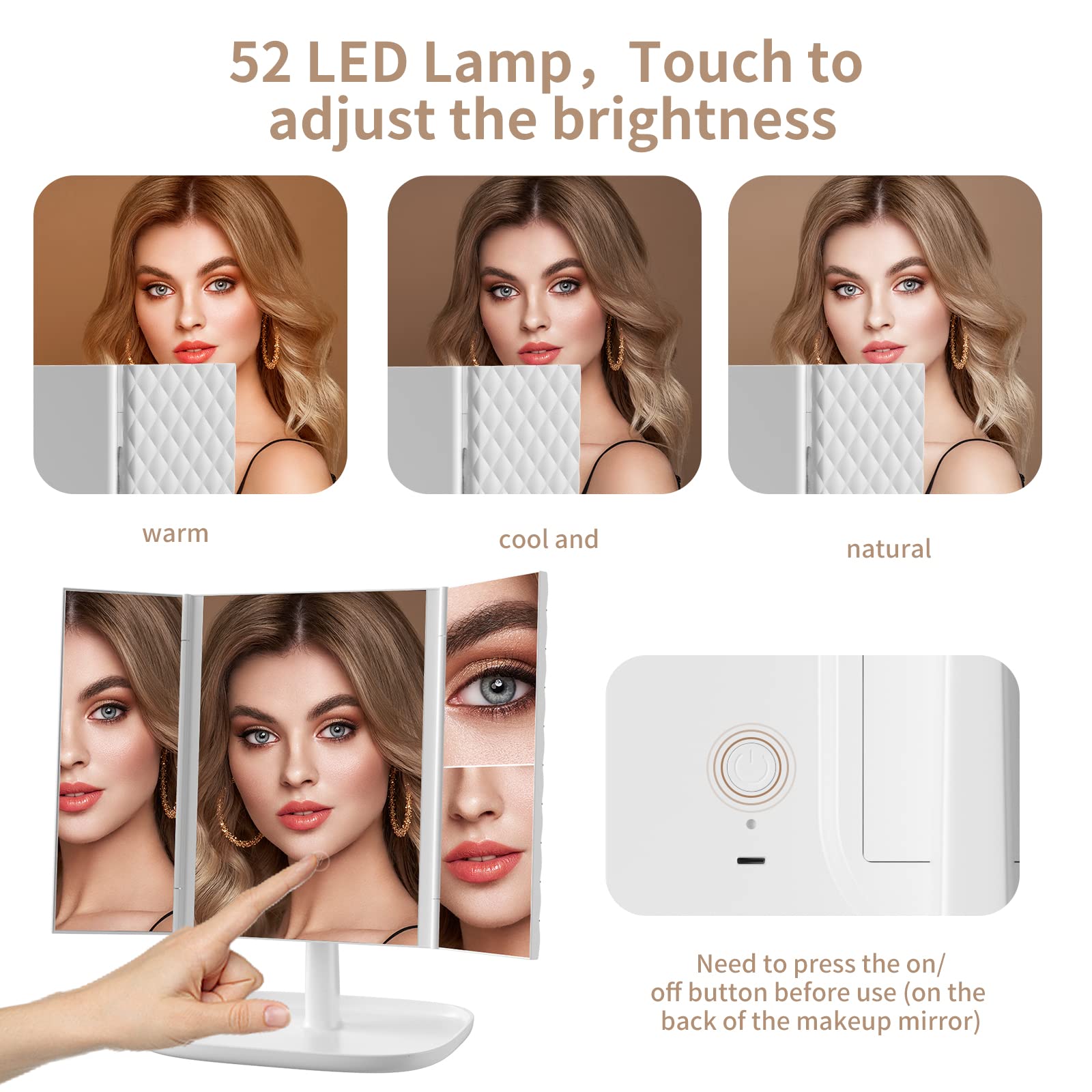 Peyigg Makeup Vanity Mirror with Lights, 3 Color Lighting Modes 52 LED Trifold Portable Mirror, 1X 2X 3X Magnification, Touch Control,