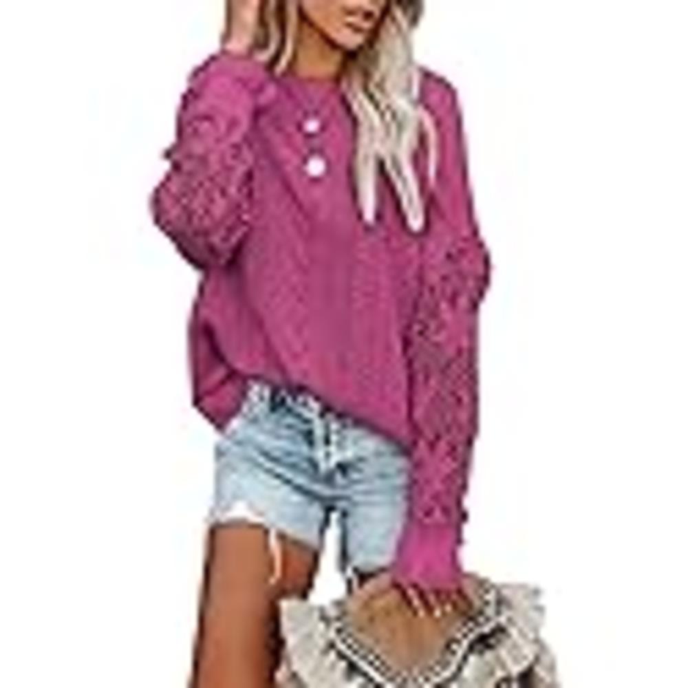 AlvaQ Women Fall Winter Crewneck Sweater Lace Crochet Long Sleeve Knit Pullover Jumper Tops Rose Medium