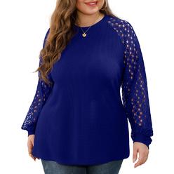 OLRIK Plus Size Tops for Women Lace Sleeve Blouse Waffle Knit Long Sleeve  Shirts Navy Blue