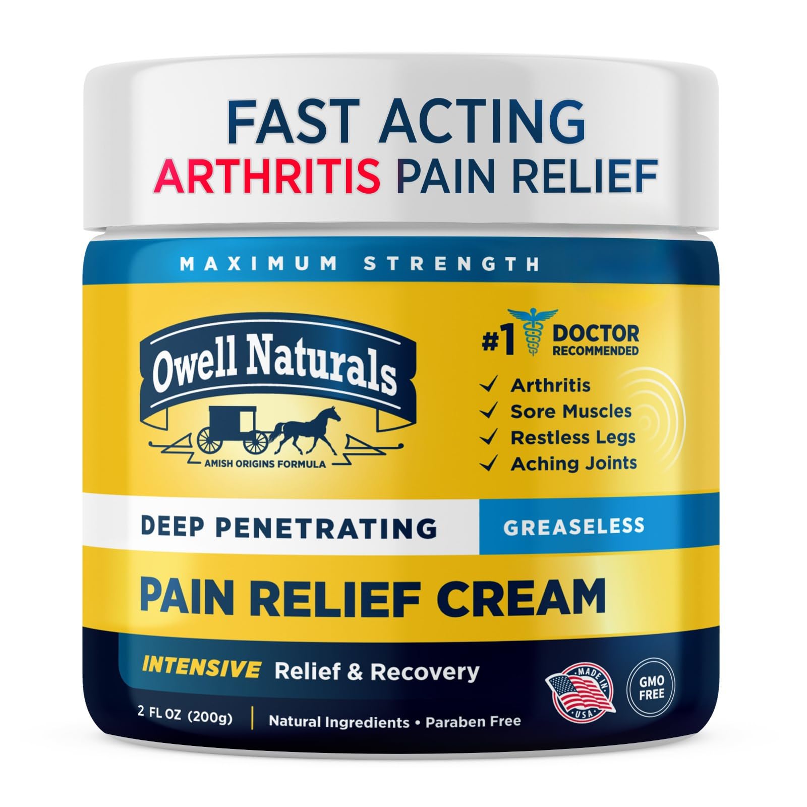 OWELL NATURALS Arthritis Pain Relief Cream 2 oz, Maximum Strength Deep Penetrating Relieving for Aches, Neuropathy, Joint, Muscl
