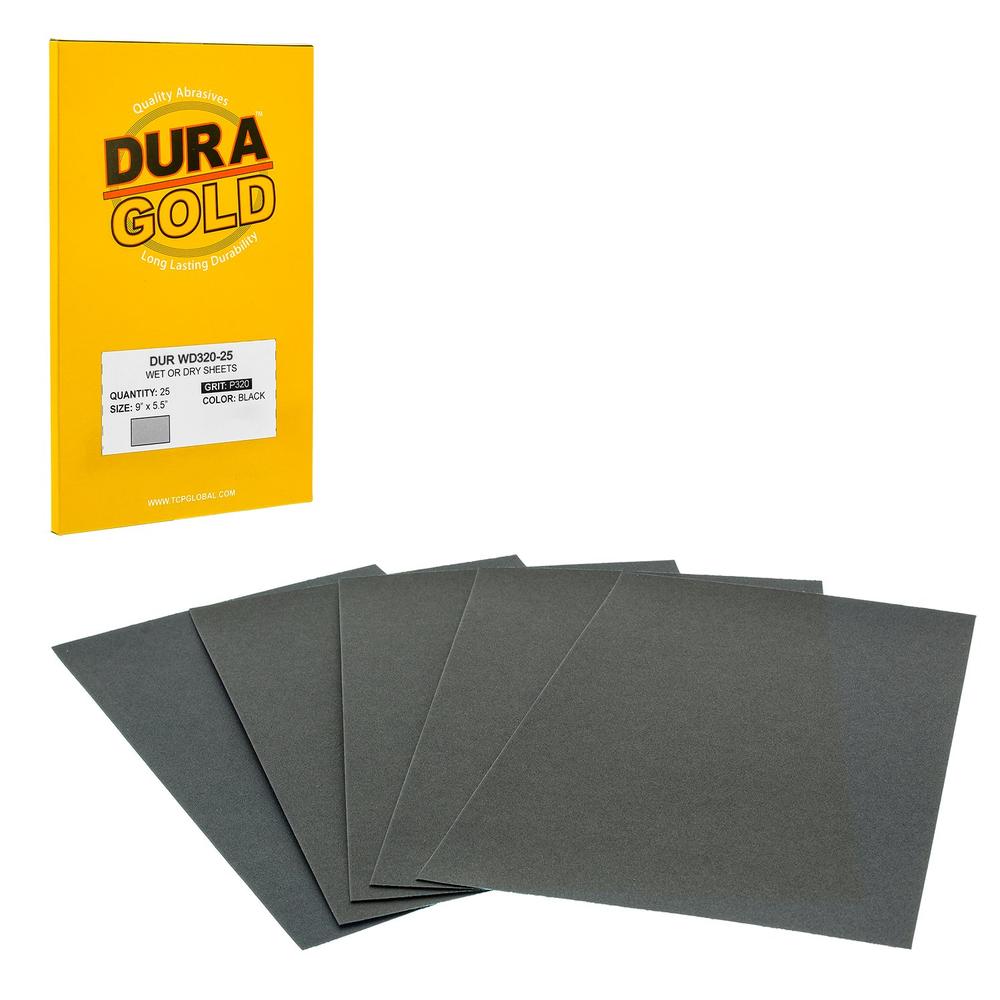 Dura-Gold Premium 320 Grit Wet or Dry Sandpaper Sheets, 5-1/2" x 9", Box of 25 - Fine-Cut Sanding, Detailing, Polishing Automoti