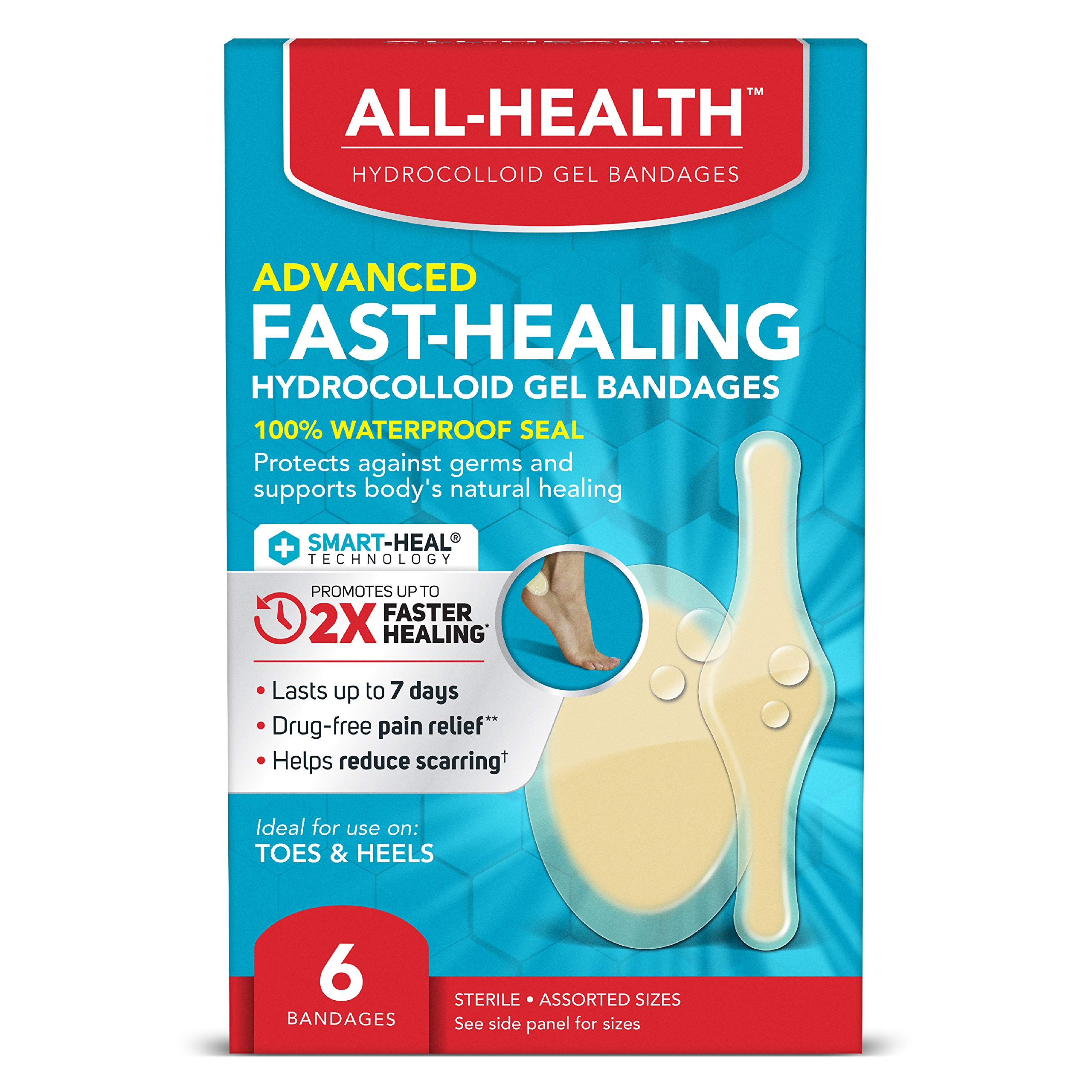 All Health Advanced Fast Healing Hydrocolloid Gel Bandages, Assorted Sizes, 6 ct | 2X Faster Healing for First Aid Blisters or W
